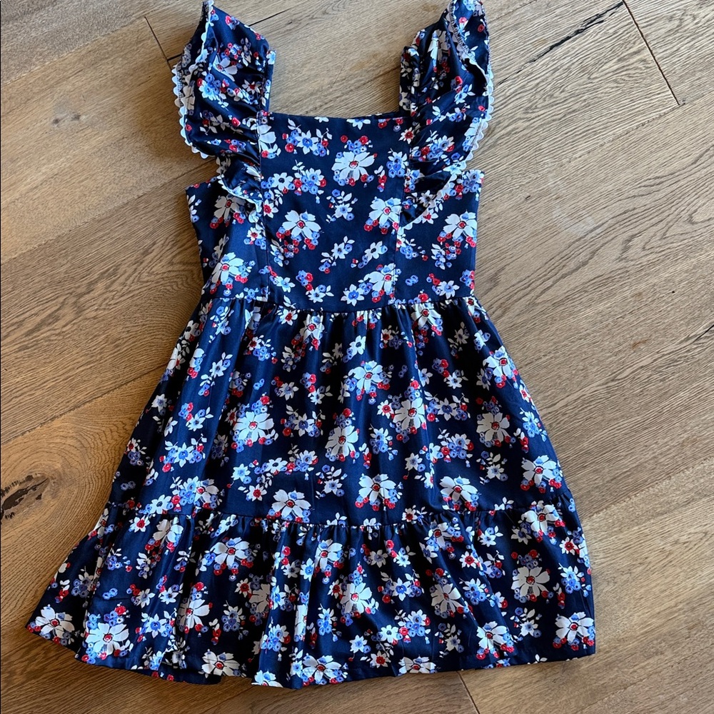 Janie & Jack Girls Navy Blue Floral Ruffle Shoulder Dress